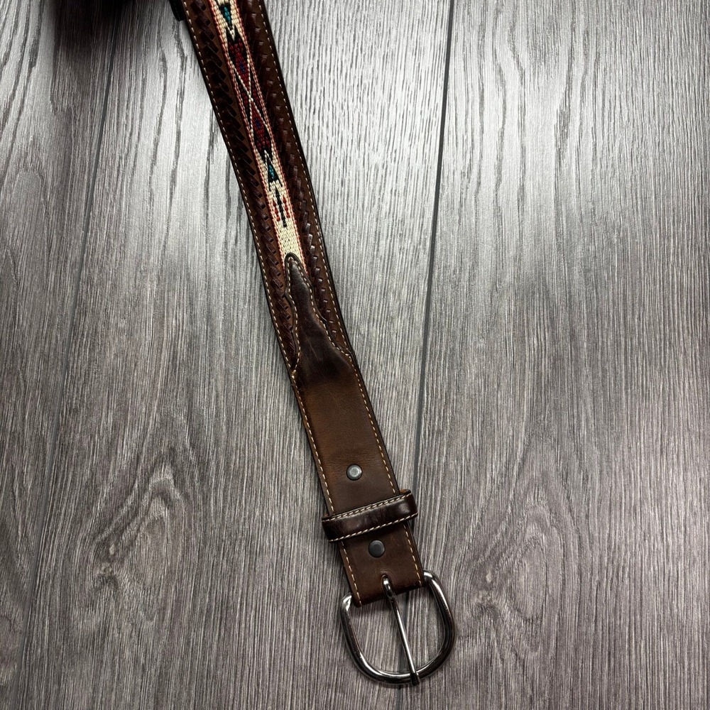 Silver Creek Collection Vtg Aztec Brown Leather Western Belt Woven Inlay 38 Inch